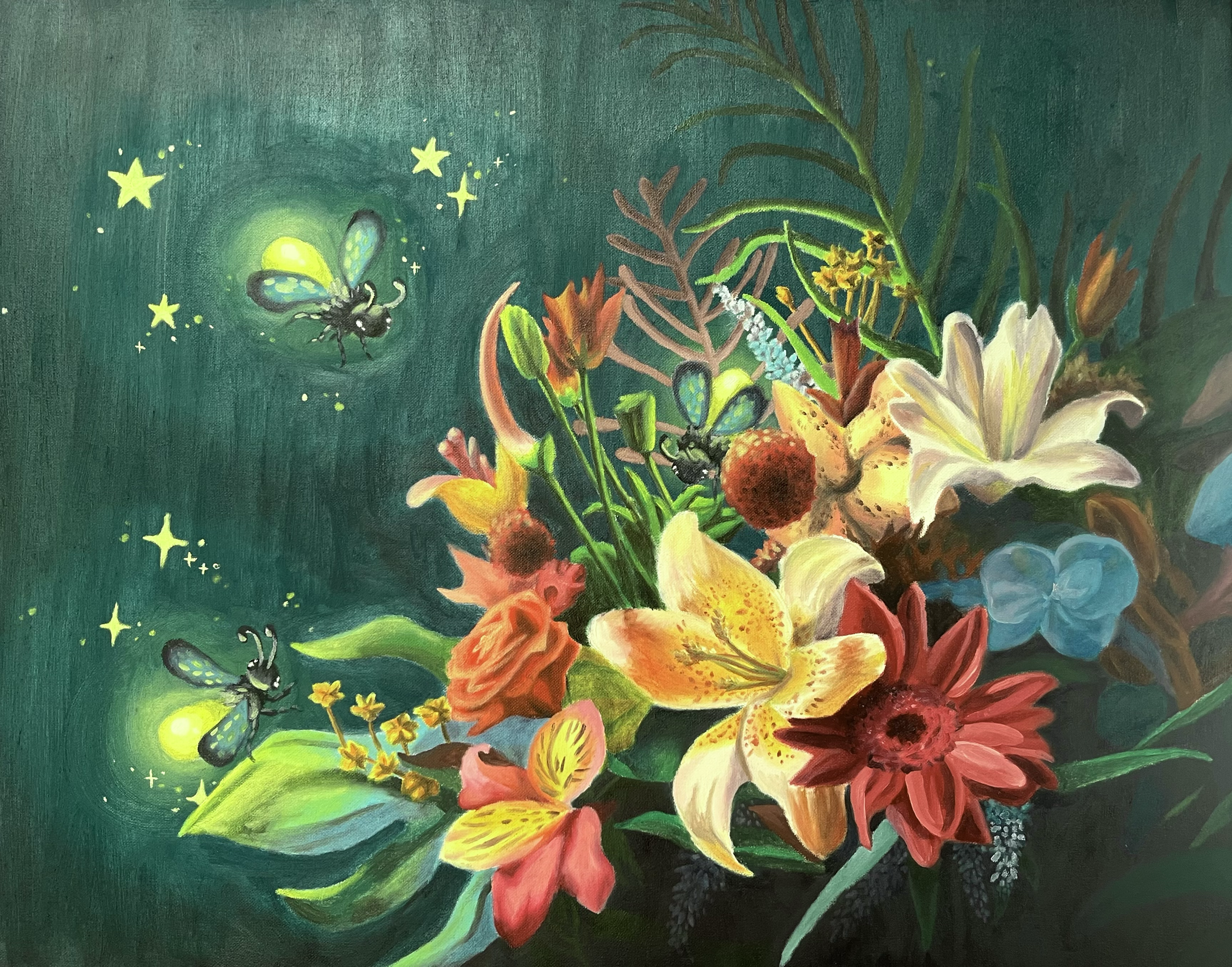 Colorful painted original artwork in oil paint of a variety flowers such as Lillies and roses as glowing fireflies hover around the flowers on a teal background. The piece gives off a warm, pretty, and whimsical feeling.