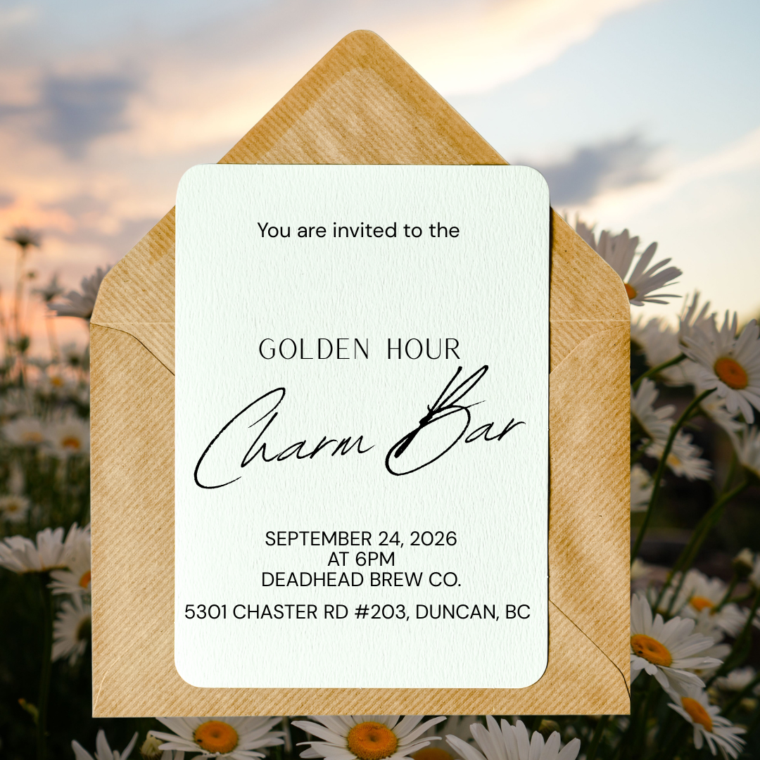 Invitation card for a Charm Bar event titled 'Golden Hour' on September 24, 2026, at 6 PM, at Deadhead Brew Co., located at 5301 Chaster Rd #203, Duncan, BC, placed inside a brown paper envelope against a background of daisies and a sunset sky.