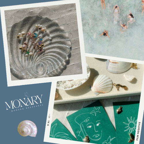 Collage photo of jewelry and beach-themed items including seashells, starfish, and ocean-inspired artwork, with a swimming pool scene and a Monary logo.