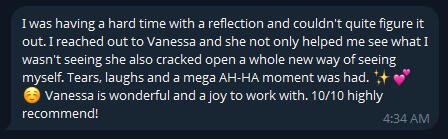 Screenshot of a message describing a positive experience with Vanessa, mentioning her helpfulness, a funny and emotional moment, and recommending her highly.