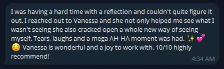 A text message sharing a positive experience with Vanessa, mentioning her helpfulness, a moment of emotional release, and recommending her highly.