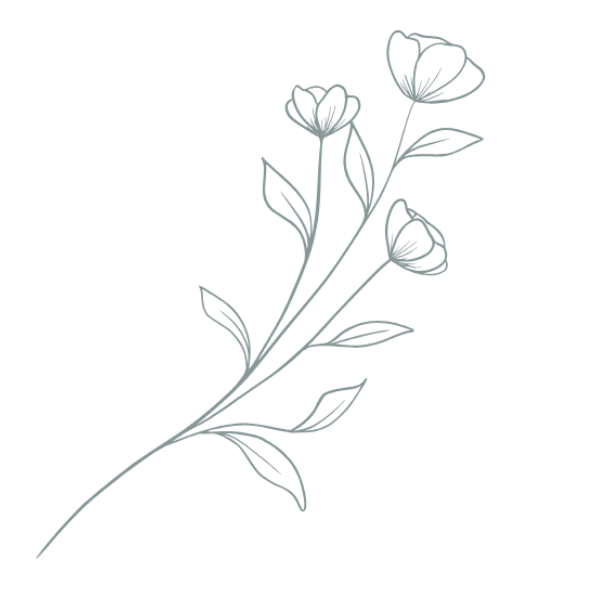Line drawing of a flower with three blooms and leaves on a black background.