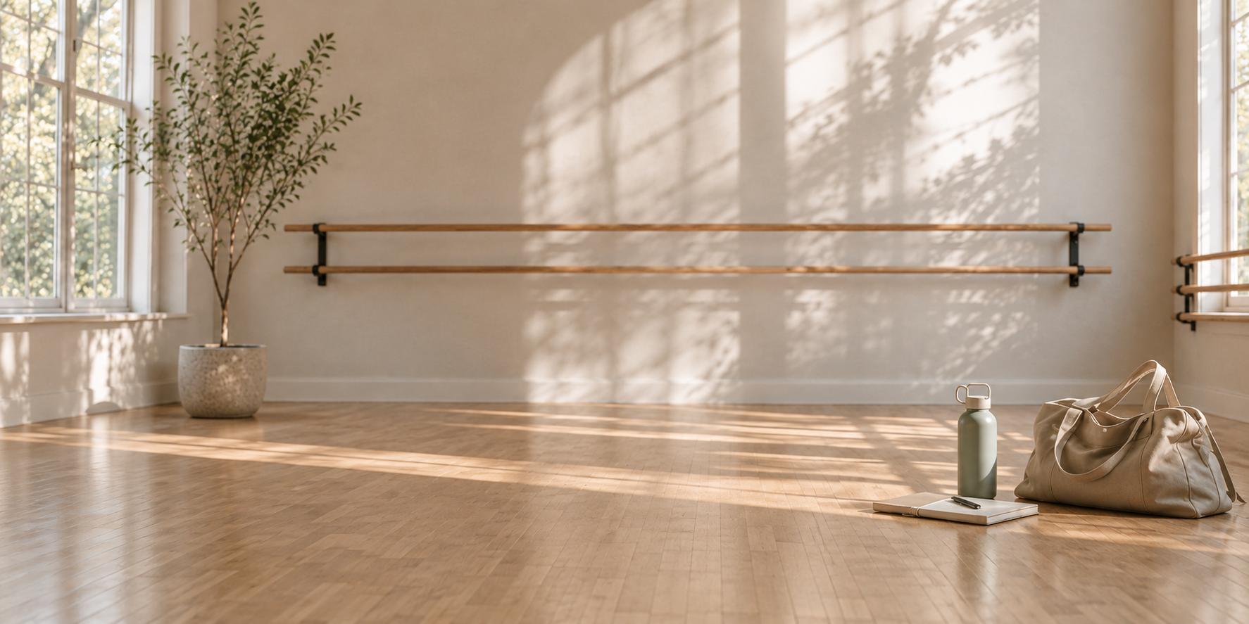 Empty dance studio with large windows, wooden flooring, a potted plant, ballet barres on the wall, and a water bottle, notebook, pen, and duffel bag on the floor.