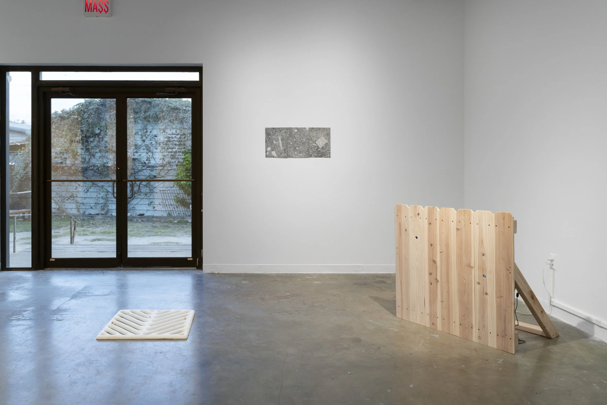 installation view of "the source of one’s crises and the site of one’s wound" in the exhibit "a crack in the leak," MASS Gallery, Austin, TX, 2024, photo by Alex Boeschenstein