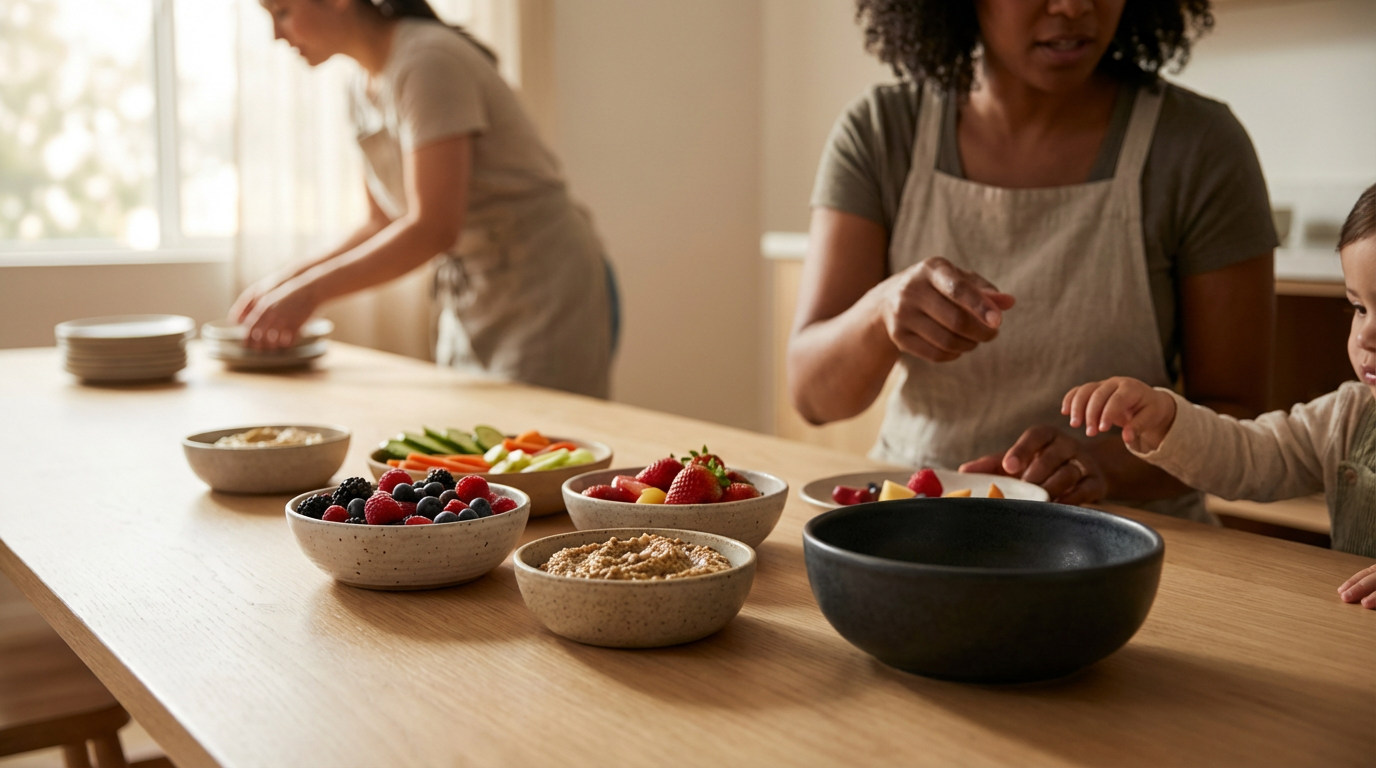 People preparing a healthy meal with bowls of berries, vegetables, hummus, and other ingredients on a wooden table in a bright kitchen.