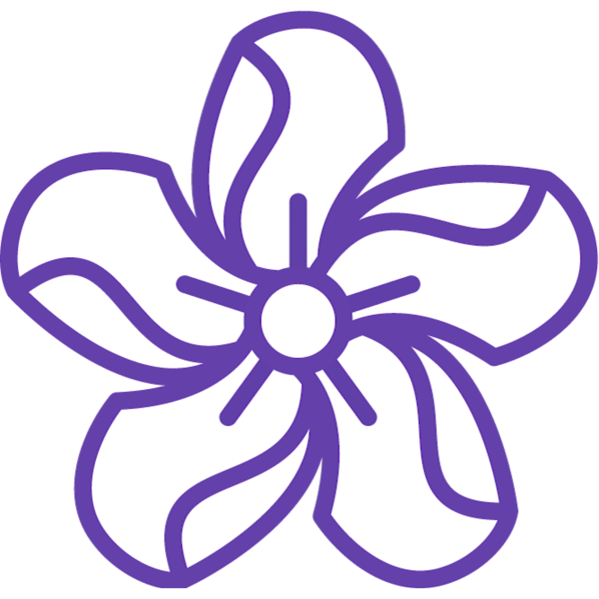 Close-up of a stylized line drawing of a leaf or flower with purple outlines against a gradient dark background.