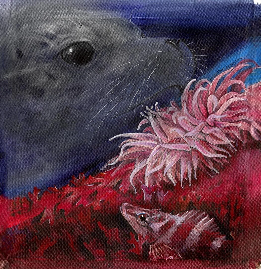 Subtidal Passage © 2010 Kirsten Carlson | acrylic, unstretched canvas, 12 x 12 inchesThese are familiar friends, anytime I go diving on the West coast. I sometimes glimpse Harbor seals (Phoca vitulina) cruising past my bubbles, but most often I see …