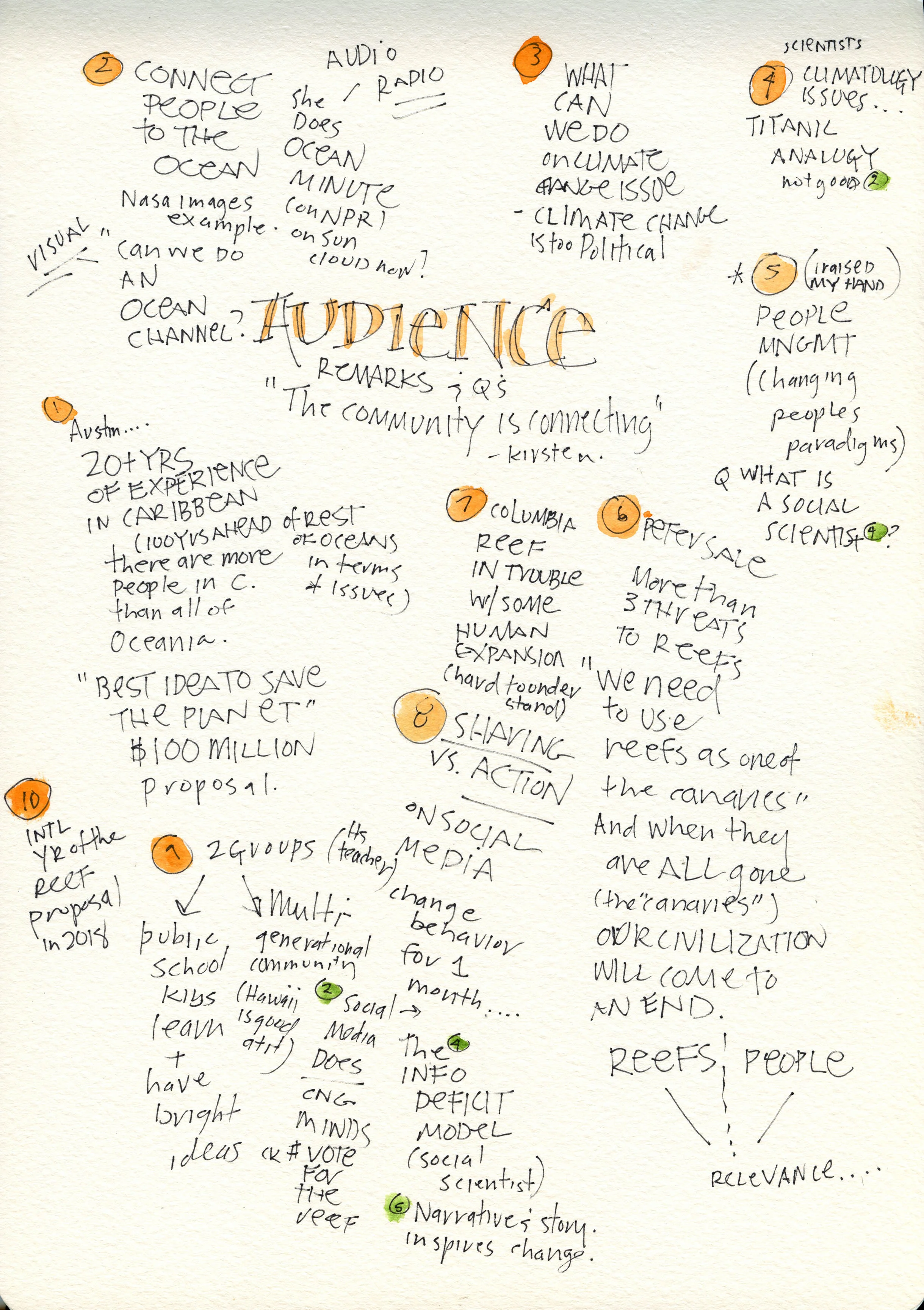 10 people from the audience got up and spoke (orange circles). I didn't catch all of their names but I did capture some of their words. [Dr. Peter Sale was #6, see video]