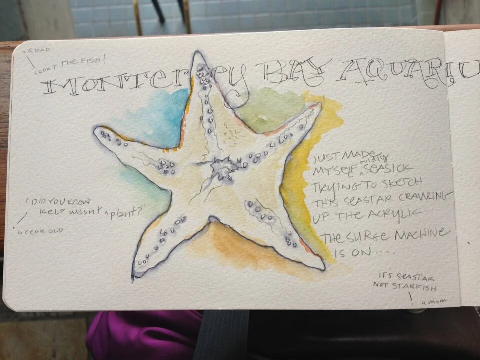 Sketching and recording what I hear from visitors while at Monterey Bay Aquarium, July 27th, 2012.