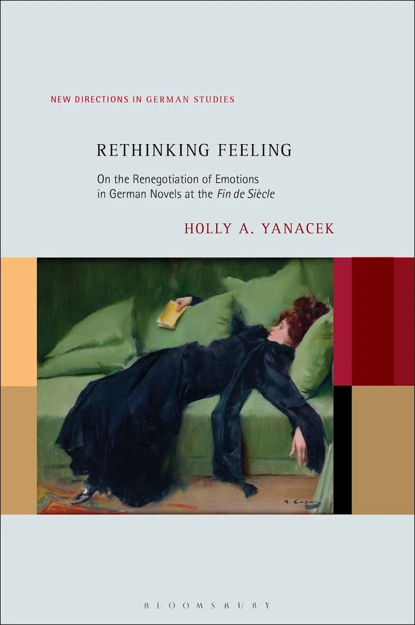 Book cover titled "Rethinking Feeling" by Holly A. Yanacek. It features a painting of a woman with red hair, dressed in black, lying on a green sofa with her head resting on a pillow and holding a book.