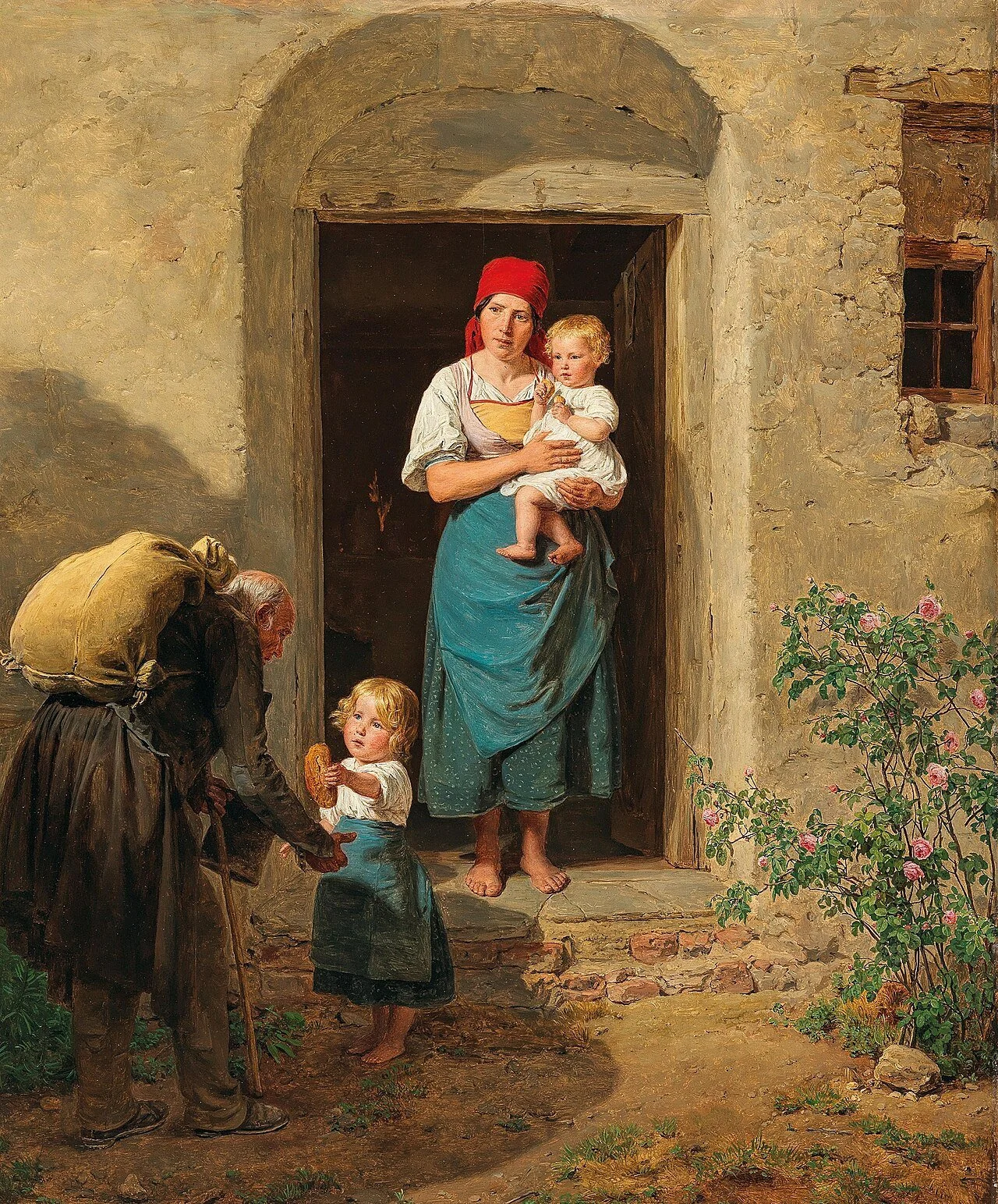 A woman with a red headscarf holding a child stands in a doorway, while an elderly woman and two children stand outside. The elderly woman is reaching for the child holding a piece of bread, and the girl is looking at the elderly woman. There is a bush with pink flowers on the right side of the image.