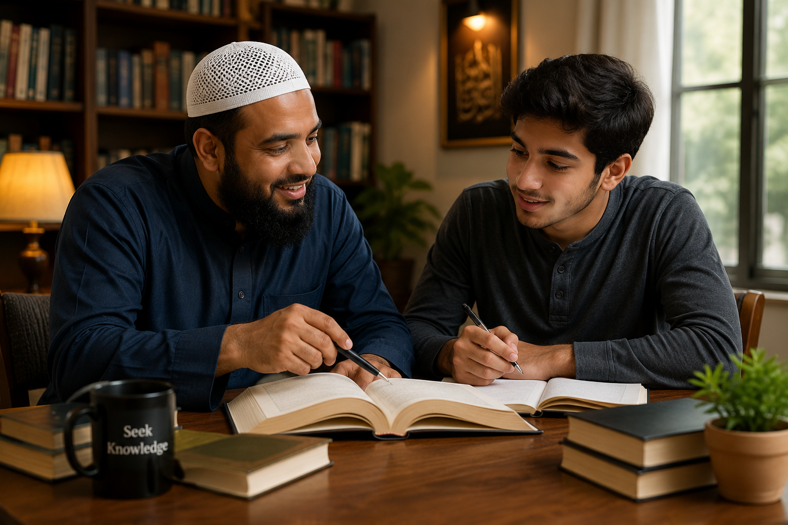 Two men, one wearing a white cap, studying together at a wooden table with books and a mug that says 'Seek Knowledge' in a cozy, well-lit room.