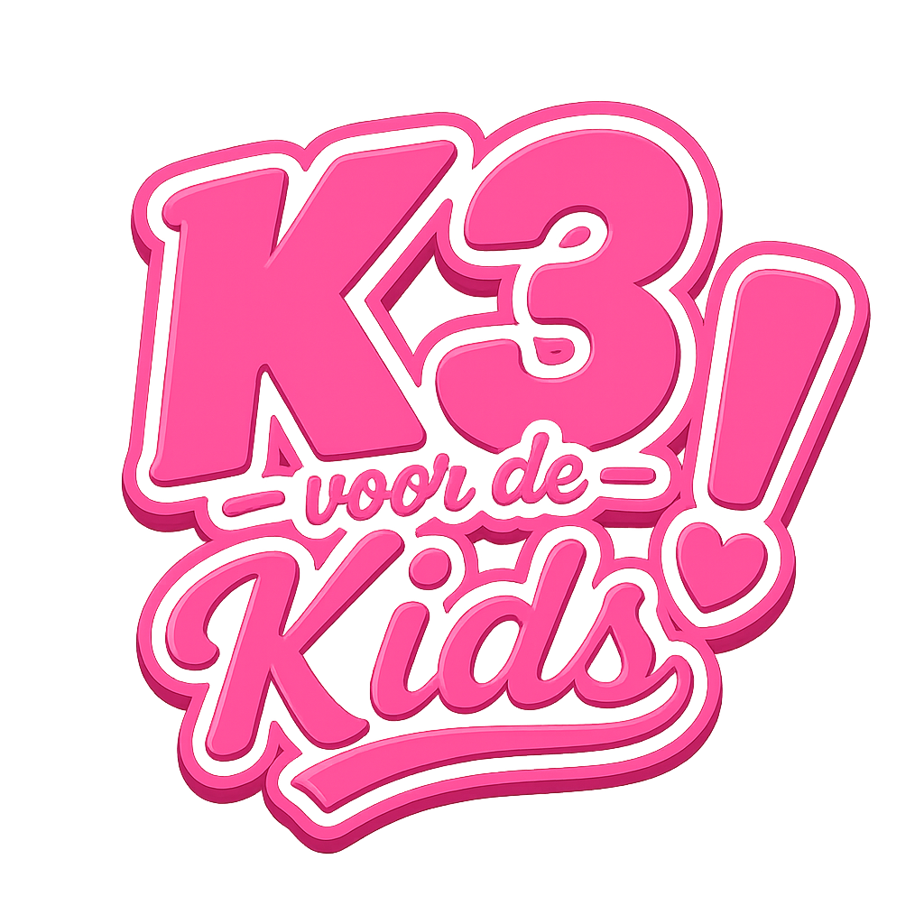 Een neonreclame in roze kleuren met de tekst 'K3 voor de Kids' en hartjes, ontworpen in een speelse en kleurrijke stijl.