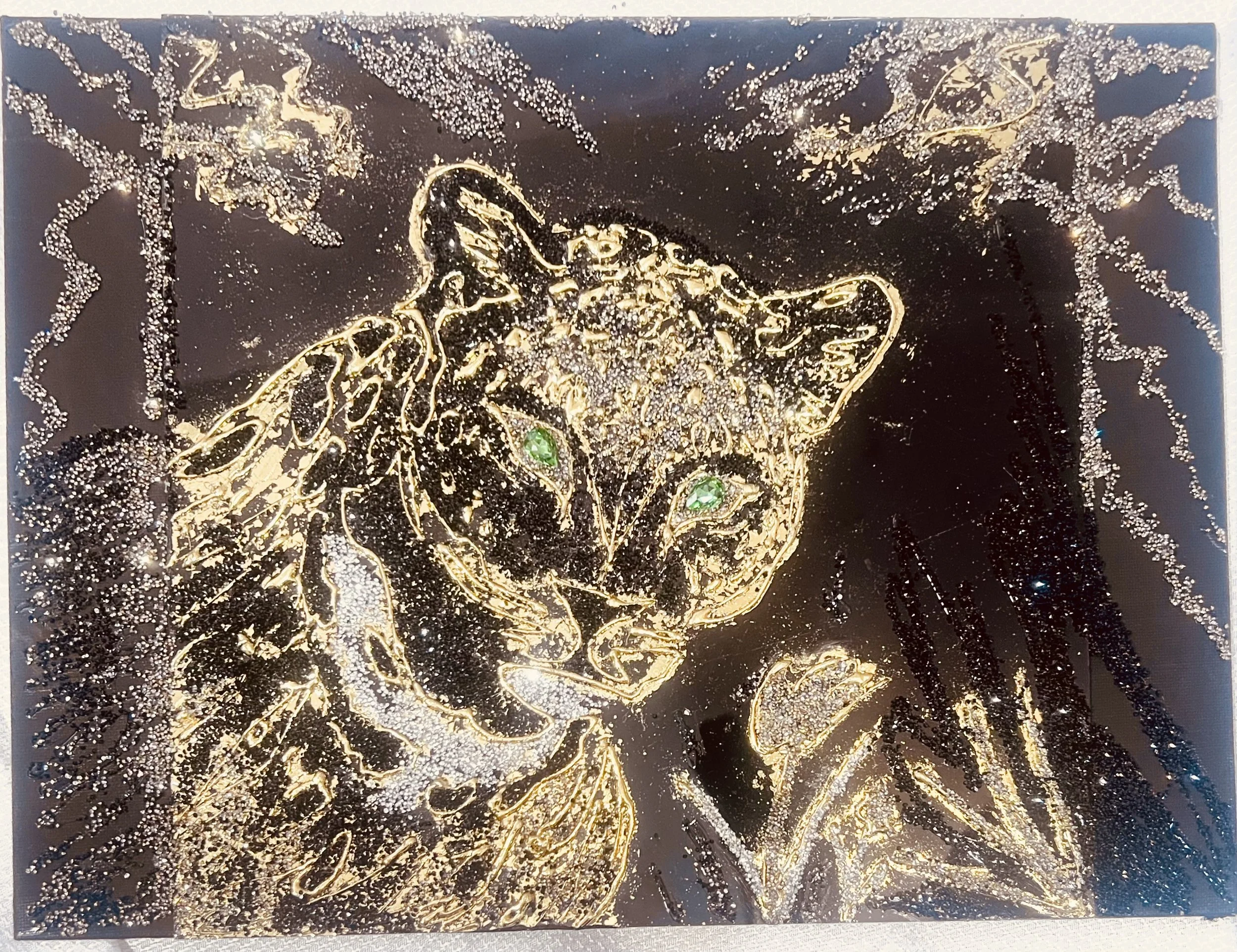 (SOLD)  Rhinestone Green Eyes Panther Art  (SOLD)