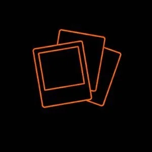 Three neon orange square frames of different sizes on a black background.