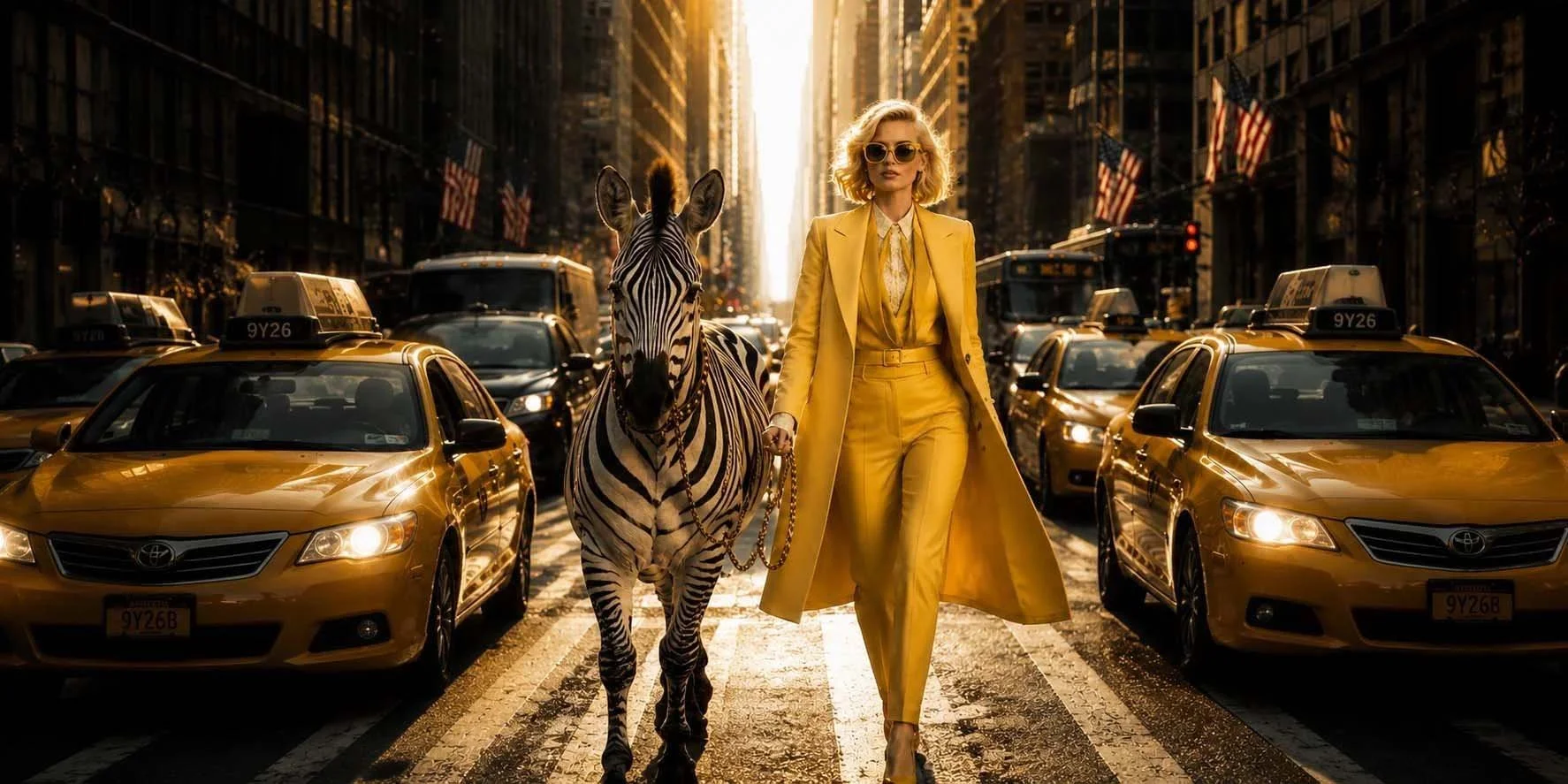 A woman in a bright yellow suit with a long coat, walking hand in hand with a zebra on a busy city street lined with yellow taxis and tall buildings during sunset.