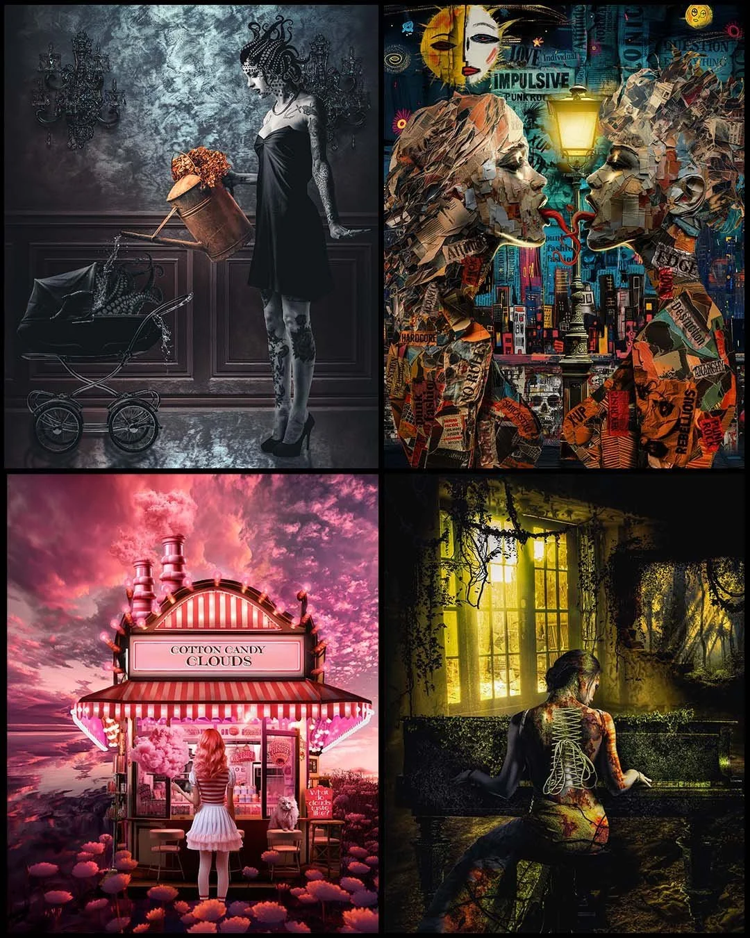 Four artistic images: Top left shows a woman with tattooed legs and a tattooed arm, wearing a black dress and high heels, watering a vintage baby carriage in a dark, textured room with ornate black wall sconces. Top right depicts paper-mâché faces of a man and a woman with a cityscape collaged background, illuminated by a streetlamp, with graffiti-like text. Bottom left features a girl with red hair and a white dress standing at a pink cotton candy stand labeled "Cotton Candy Clouds" in a fantastical pink-tinted landscape with cotton candy clouds and a pink sky. Bottom right shows a woman with her back to the viewer, with exposed skeletal details painted on her back, sitting at a worn piano in an overgrown, abandoned room lit by sunlight streaming through broken windows, with vines hanging from the ceiling.