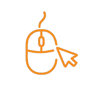 Illustration of a computer mouse with a cursor arrow and a clicking hand icon, in orange lines on a black background.