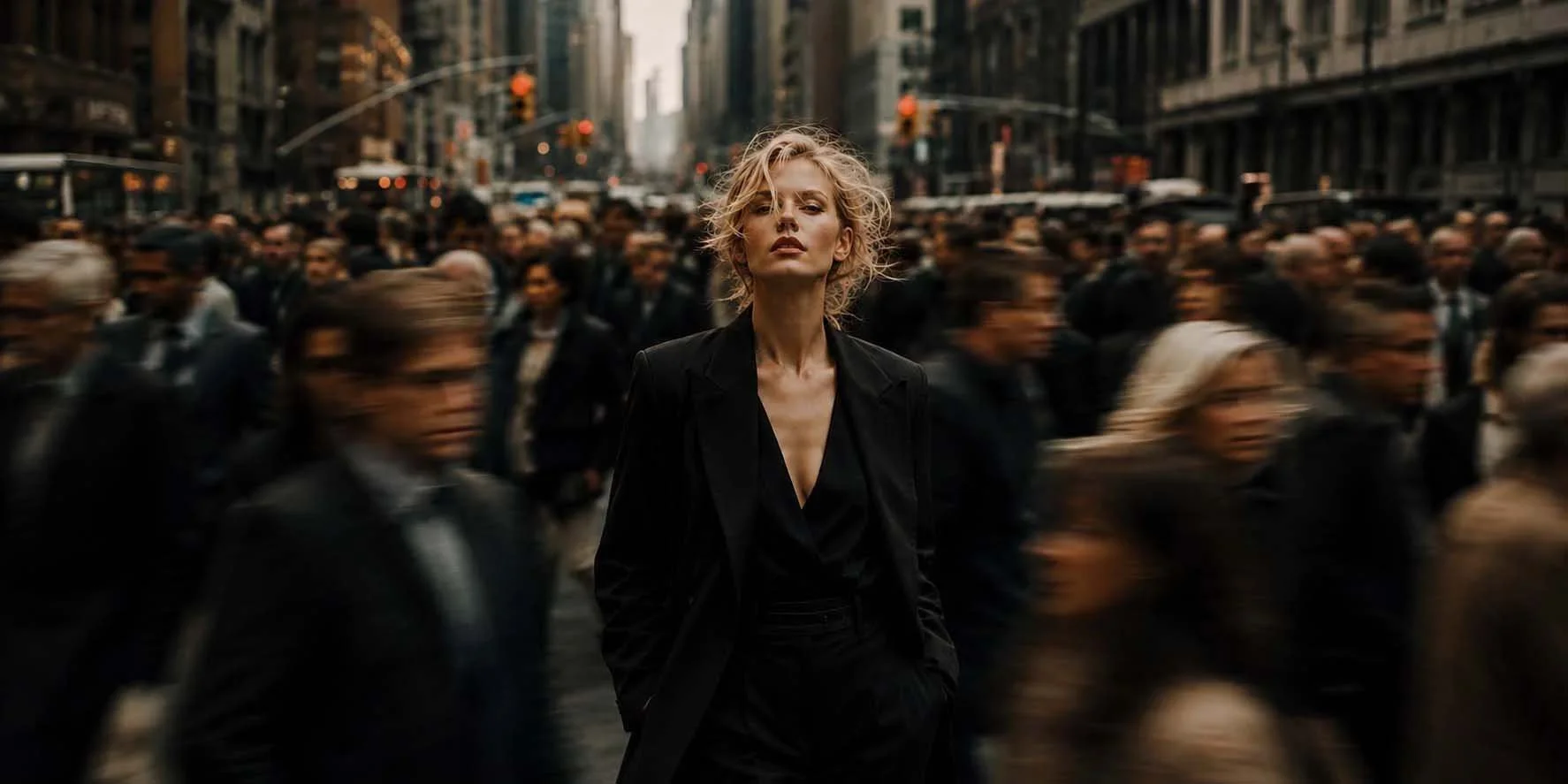 A woman with blonde, tousled hair stands confidently in the middle of a busy city street surrounded by blurred pedestrians. She is dressed in a black blazer and trousers, giving a powerful impression amid the urban chaos.