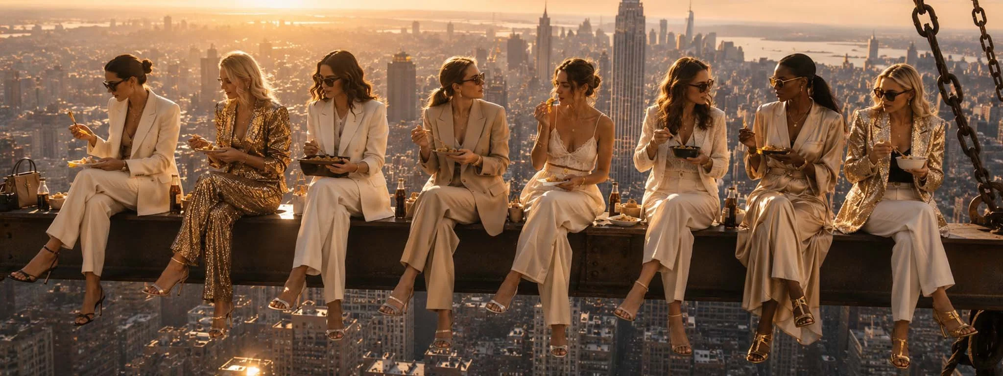 Nine women dressed in elegant white and gold outfits, sitting on a steel beam high above a city skyline during sunset, eating and drinking with a cityscape in the background.