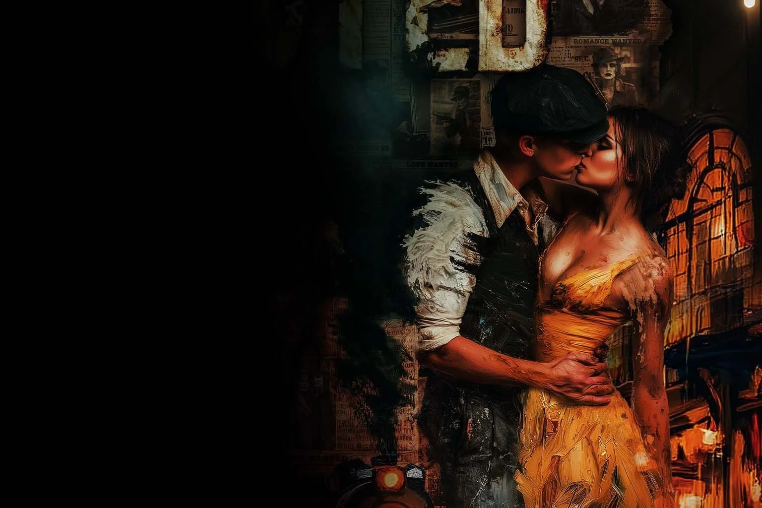 A digital painting of a couple kissing in an urban setting at night, with graffiti and posters on brick walls, and warm street lighting.