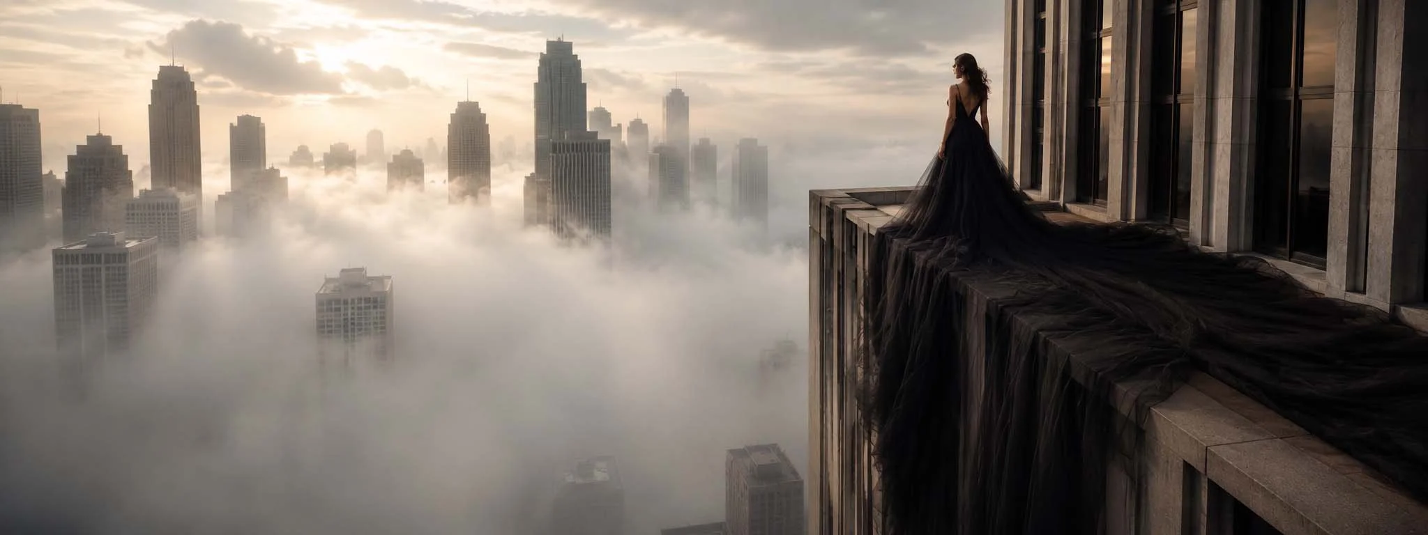 A woman in a black gown standing on the edge of a skyscraper ledge overlooking a foggy city skyline at sunrise.