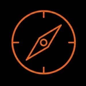 An icon of a compass with a black background, orange outline, and orange directional needle.