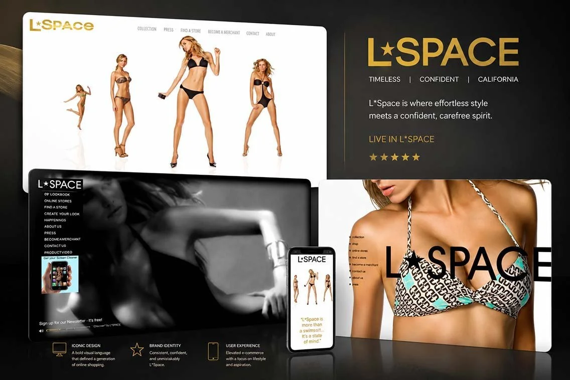 Collage of fashion website pages showing models in swimwear and lingerie, with branding for L*Space. Includes product images, promotional text, and navigation menus.