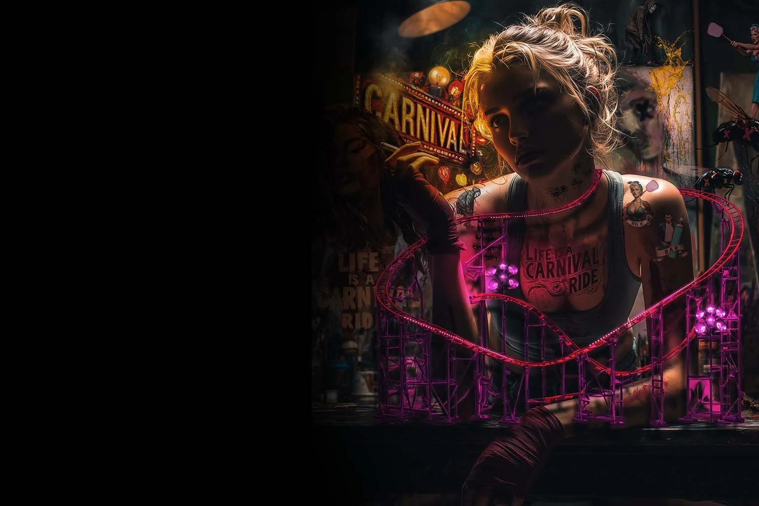 A woman with tattoos sitting in front of a neon pink roller coaster model in a dimly lit room with circus and carnival themed decor.
