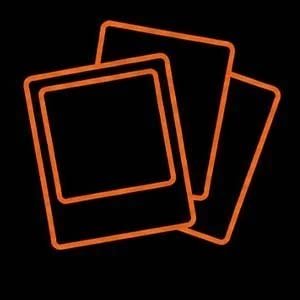 Three illuminated photo frames outlined in orange against a black background.