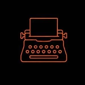 Outline of a vintage typewriter in neon style on a black background.