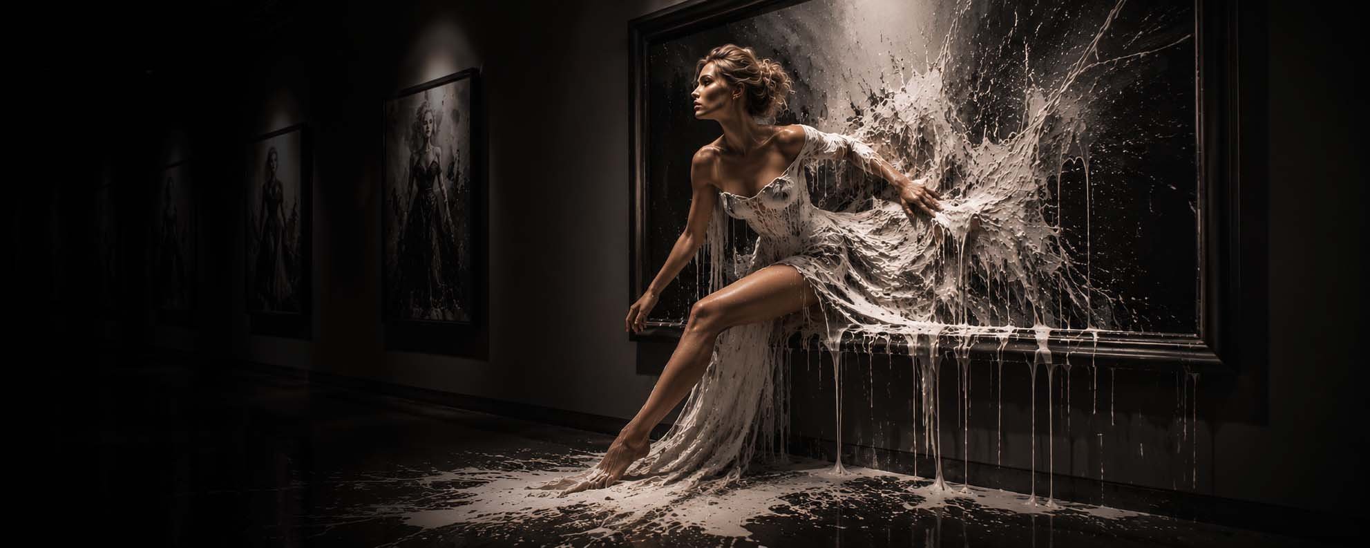 A woman in a painted dress sitting on a ledge, with paint splashed on a black background.