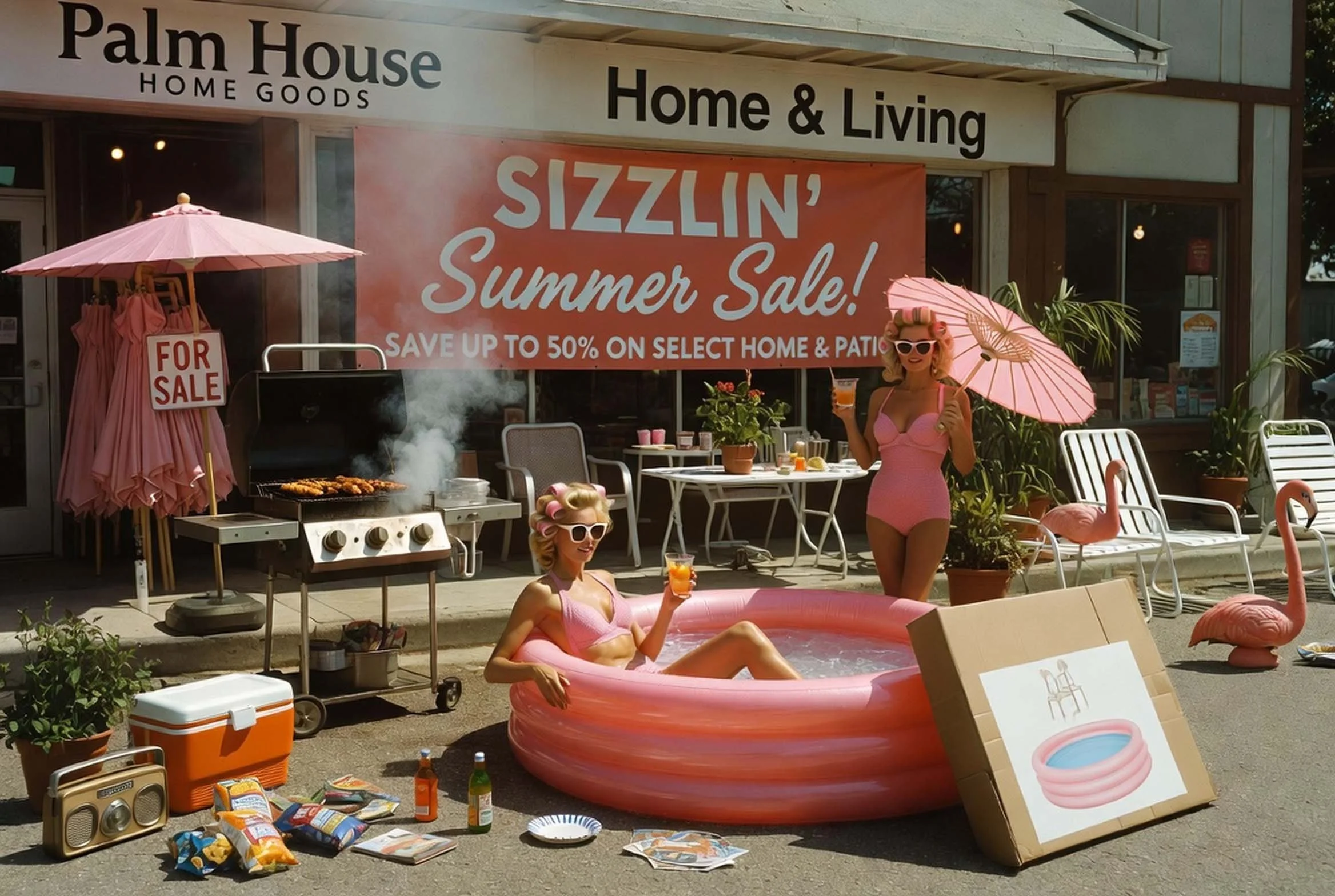 A scene of a summer sale outside a home goods store called Palm House, featuring two women in pink swimsuits with curlers in their hair and sunglasses, relaxing in a pink inflatable pool, holding drinks, surrounded by outdoor furniture, umbrellas, a grill, and other summer-themed items.