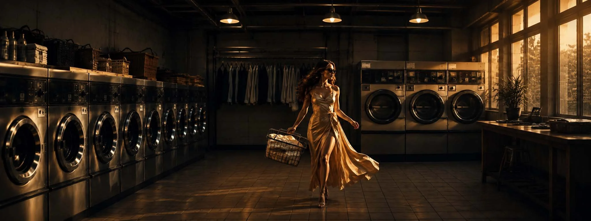 A woman in a gold dress and sunglasses shopping in a laundromat with front-loading washing machines, sunlight streaming through large windows, and a potted plant.