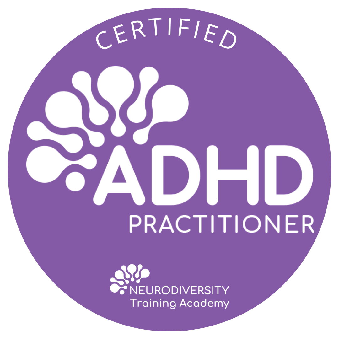 Purple circular badge with white text that reads 'Certified ADHD Practitioner' and includes a logo of a stylized brain. The badge also has a smaller logo with text that says 'Neurodiversity Training Academy.'