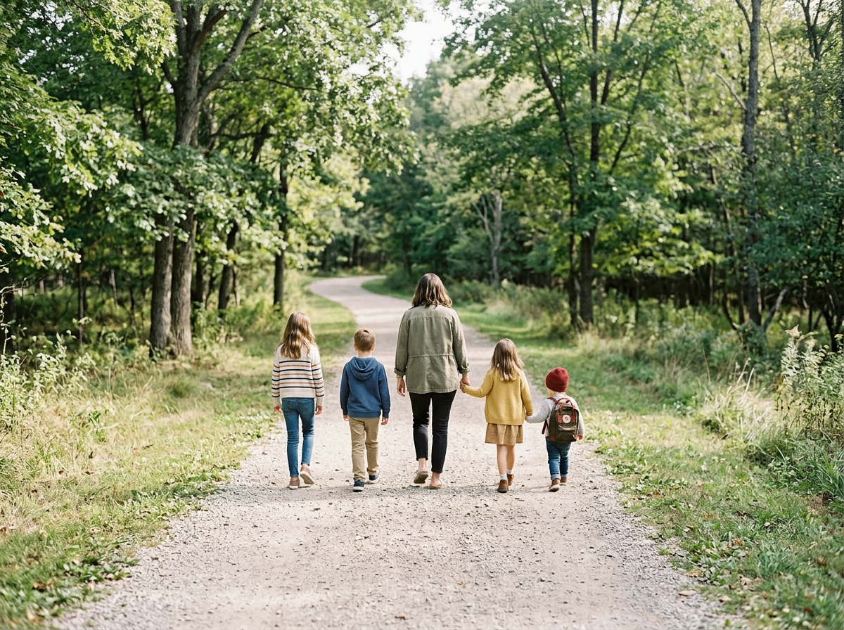 A woman and four children walking down a gravel path in a green forest.