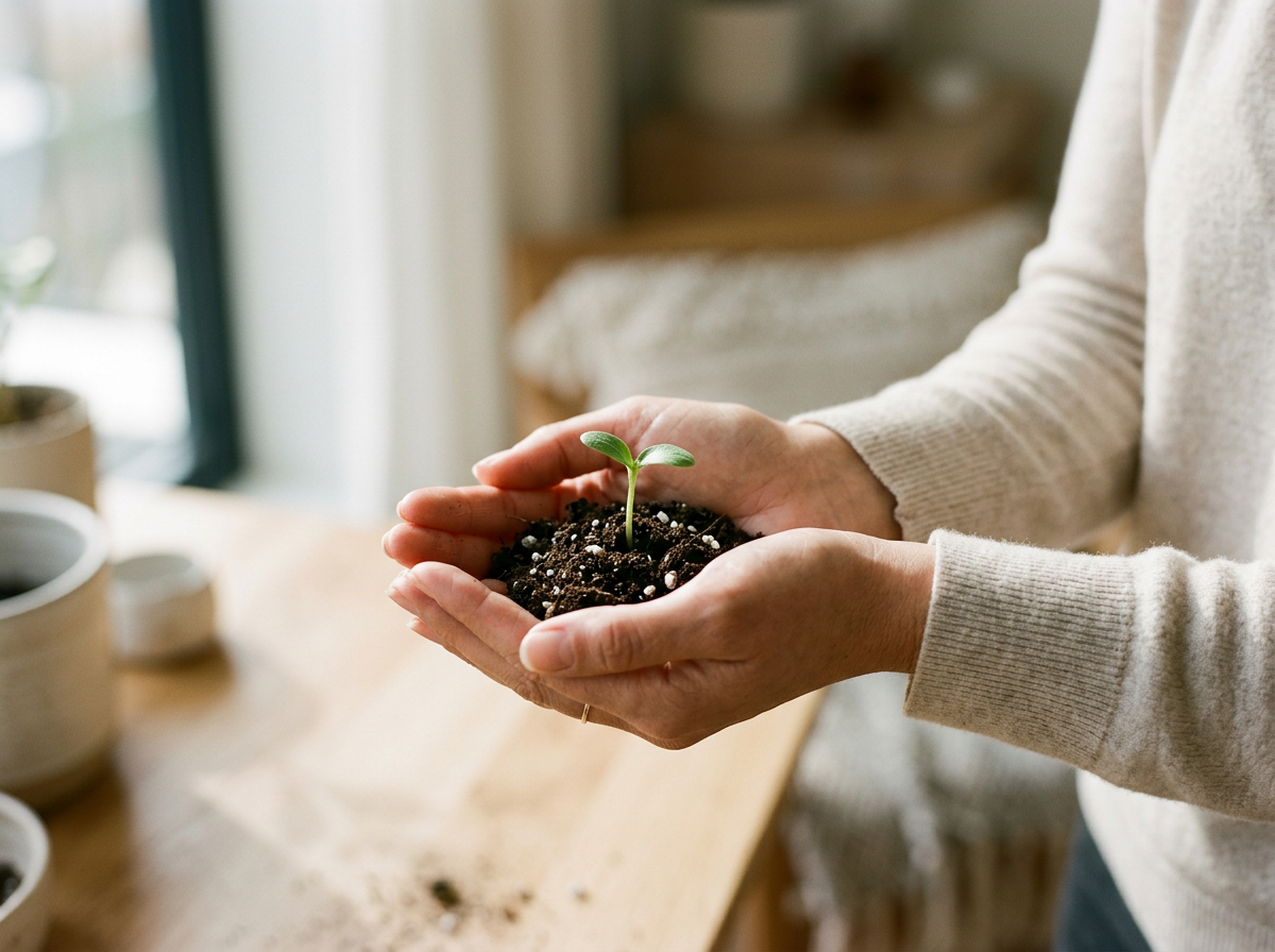Person holding a small sprouting plant in hands indoors with a wooden table nearby.