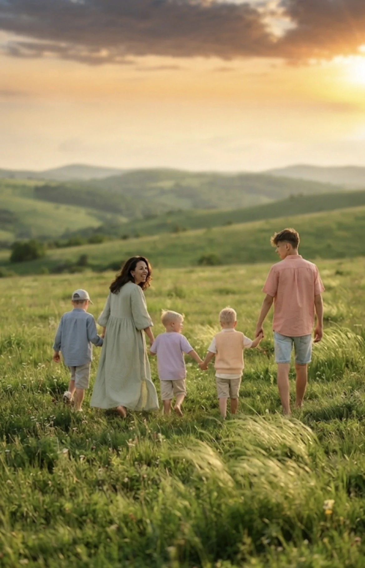 A family of five, consisting of a woman and four young children, walking hand in hand through a lush green field at sunset with rolling hills in the background.