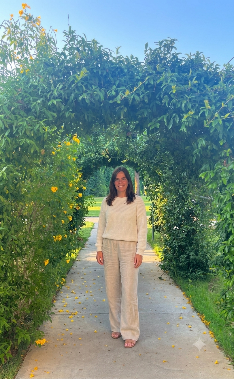 Woman with shoulder-length dark hair wearing a white sweater and cream-colored pants standing on a sidewalk beneath a green leafy arch with yellow flowers on the sides.
