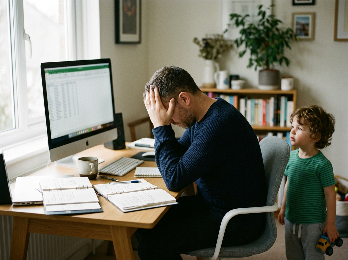 Man sitting at a desk with his head in his hands, looking stressed, with a young boy standing beside him holding a toy car.