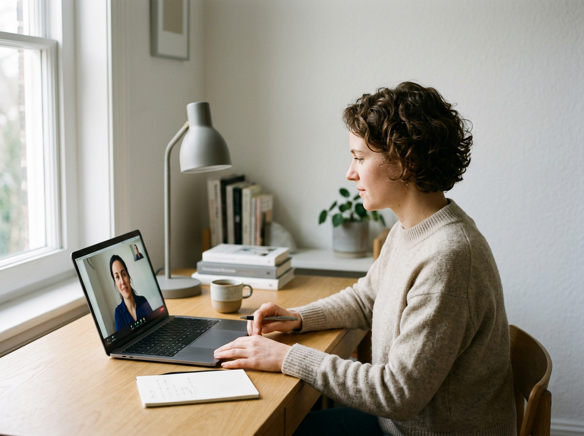 Woman sitting at a wooden desk on a video call with a woman on her laptop, with a notebook and coffee mug on the desk, and books and a potted plant in the background.