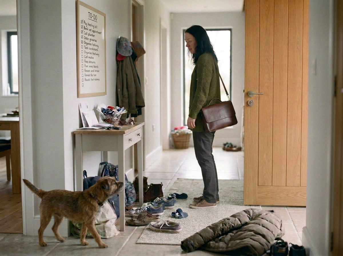 A woman with dark hair, wearing a green sweater, stands in a hallway with a brown shoulder bag. She appears to be looking down at a row of shoes and slippers scattered on the floor. A small brown dog is beside her, looking up at her. A coat hangs on a hook on the wall, and a white to-do list board is visible. There is a basket in the background and an open door to a room.