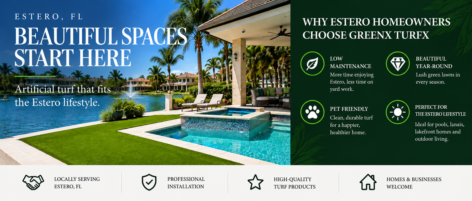 Artificial turf installation in Estero, Florida featuring a waterfront backyard, pool, pet-friendly turf and low-maintenance landscaping by GreenX TurfX.