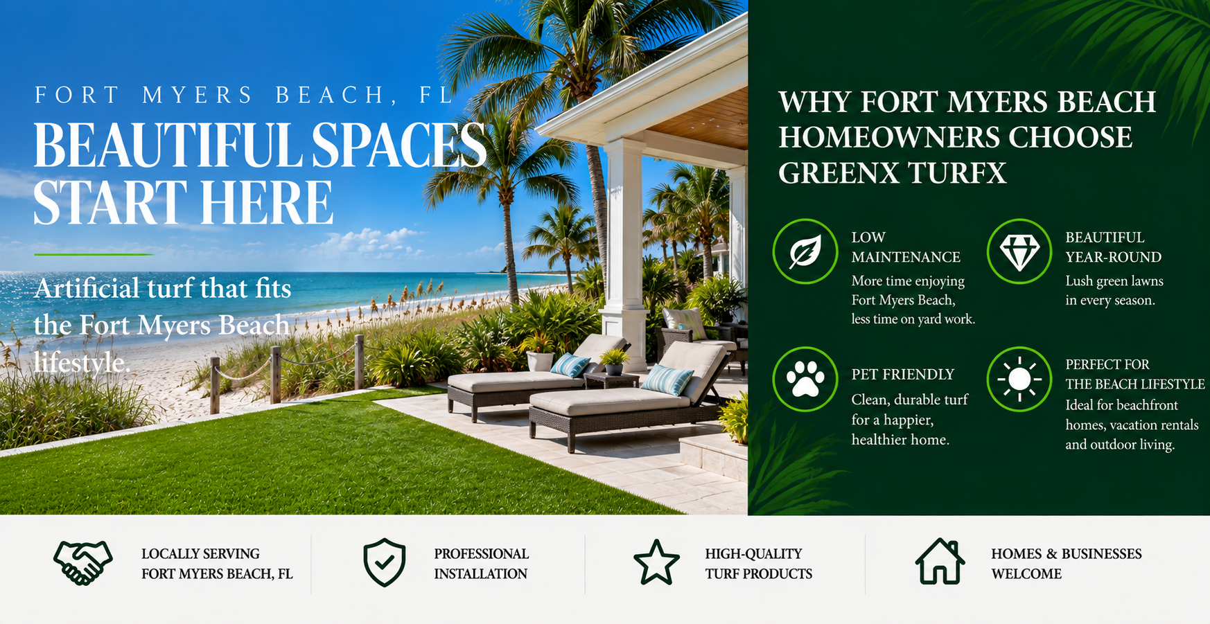 Artificial turf installation in Fort Myers Beach, Florida featuring a beachfront home, ocean view and low-maintenance landscaping by GreenX TurfX.