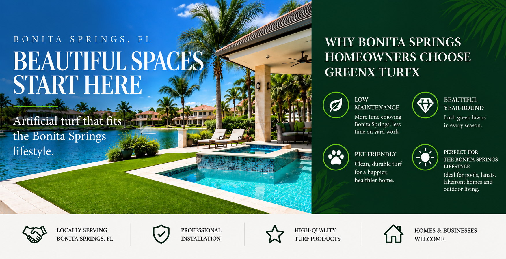 Artificial turf installation in Bonita Springs, Florida featuring a waterfront home, pool turf and low-maintenance landscaping by GreenX TurfX.