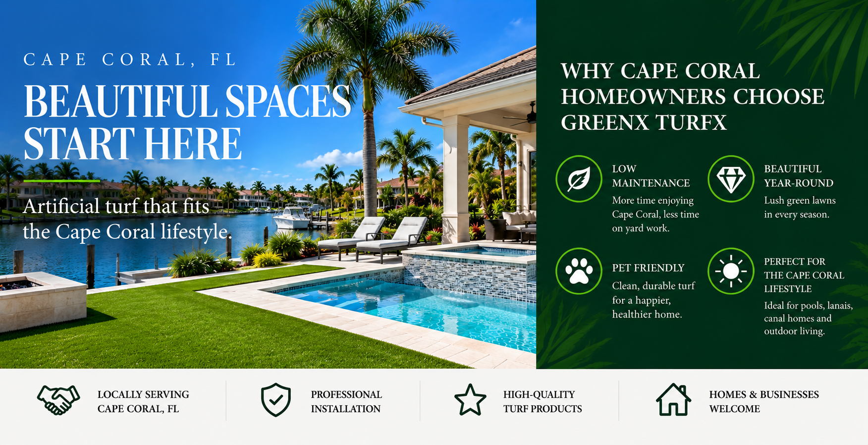 Artificial turf installation in Cape Coral, Florida featuring a waterfront canal home, pool area and low-maintenance landscaping by GreenX TurfX.