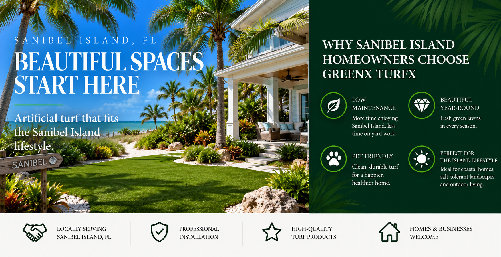 Artificial turf installation on Sanibel Island, Florida featuring a tropical coastal home, lush landscaping and low-maintenance artificial grass by GreenX TurfX.