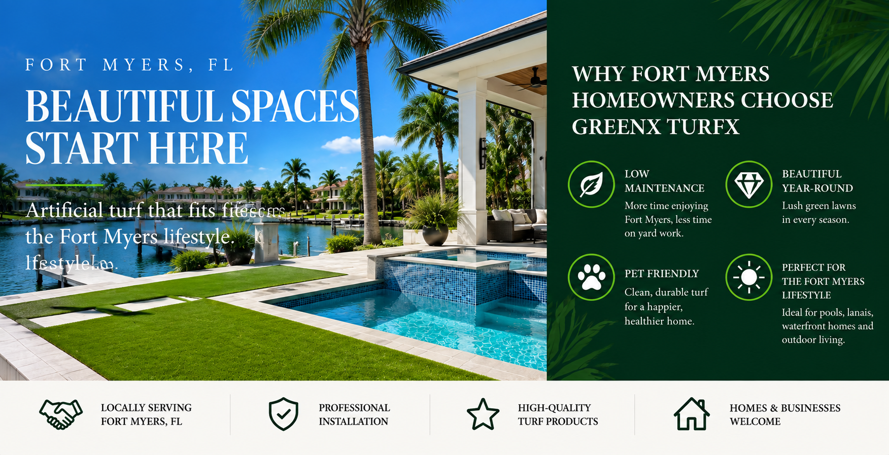 Artificial turf installation in Fort Myers, Florida featuring a Southwest Florida home, pool turf and low-maintenance landscaping by GreenX TurfX.