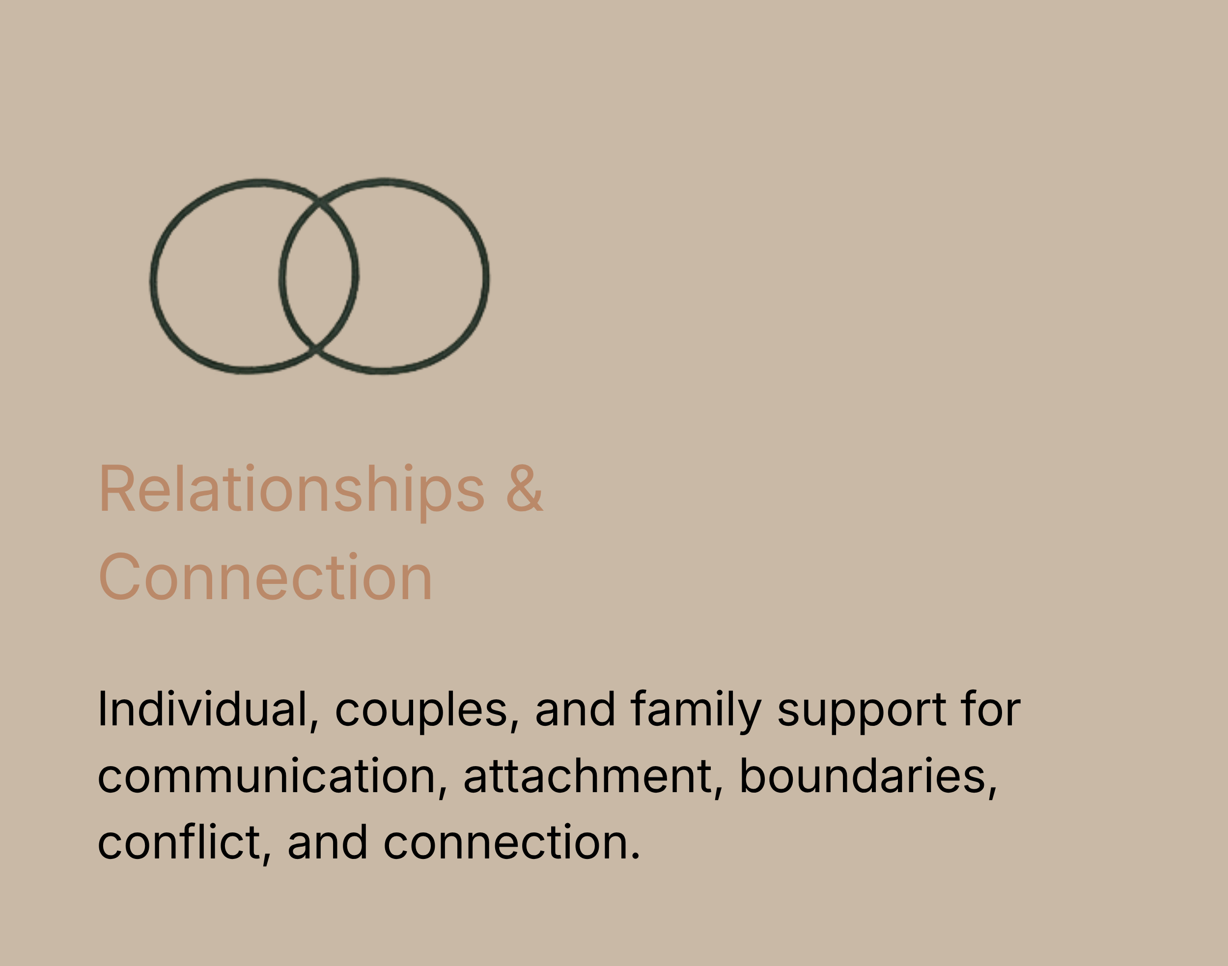 A beige background with two overlapping black circles and partially visible text about relationships and connection.