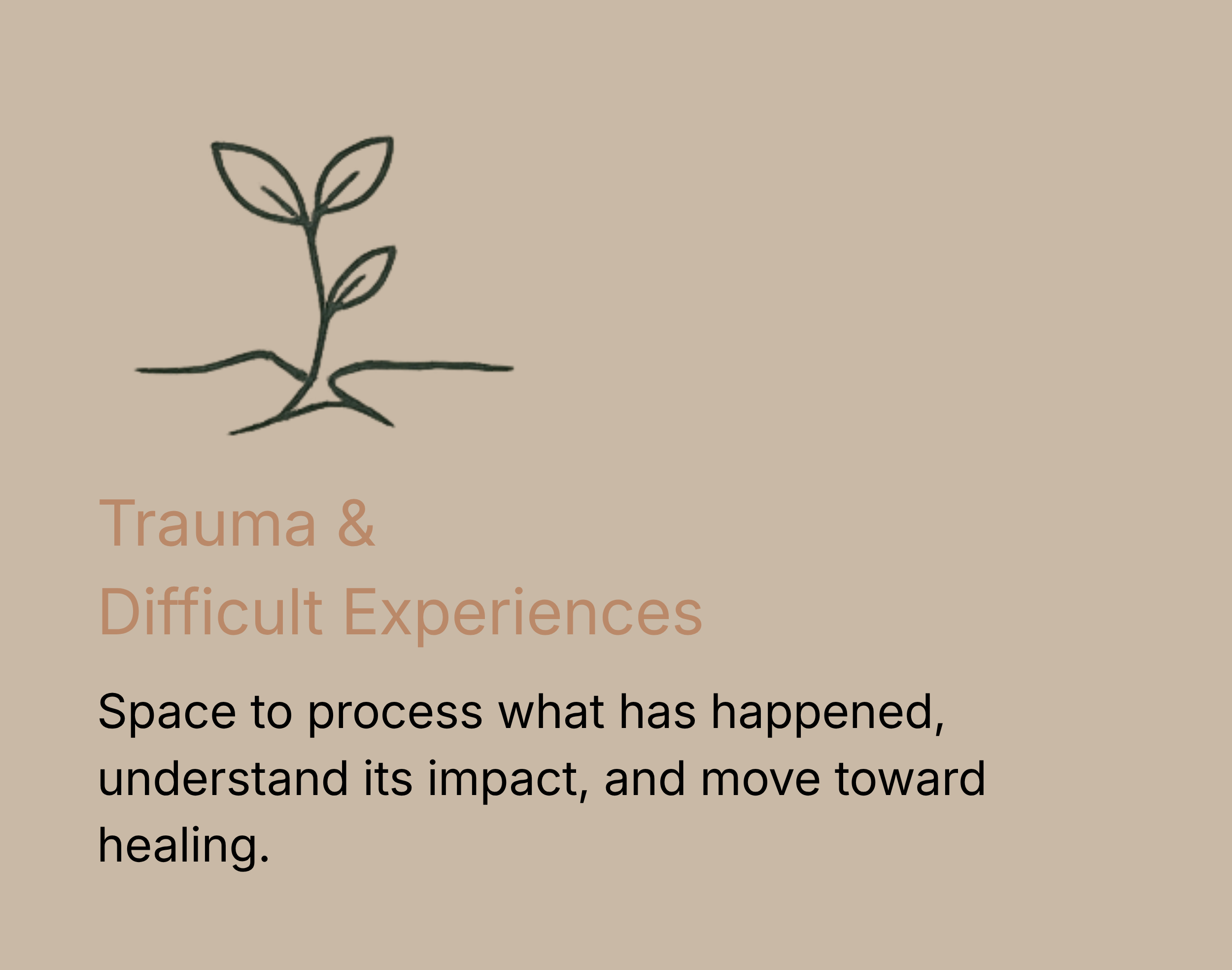 A beige background with a simple black line drawing of a small plant with three leaves. Part of the text visible includes words like 'Trauma &', 'Difficult Experiences', and 'Space to process what has happened,'.